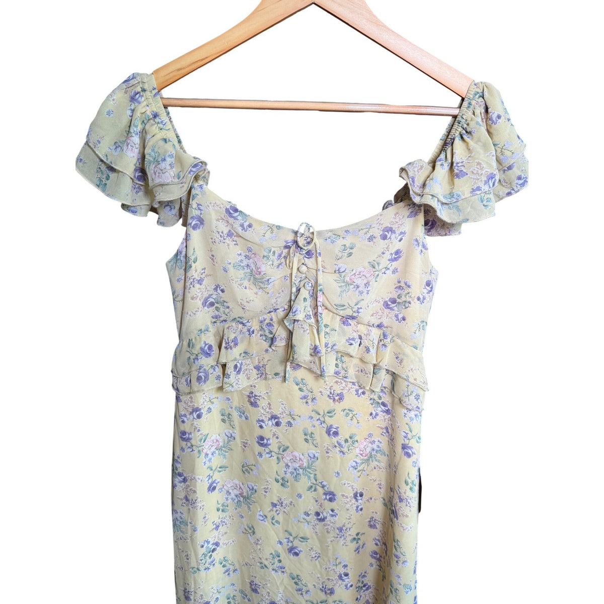 Lush Floral Maxi Dress Yellow Purple Cold Shoulder Ruffle LD44645-003 Womens M