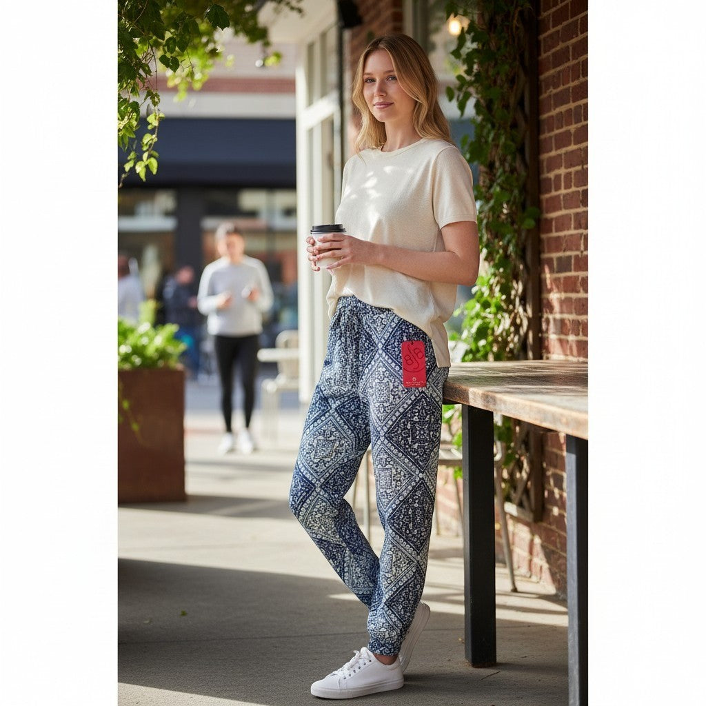 Boom Boom Jeans Womens Blue Medallion Print Joggers Drawstring Waist Pants NWT