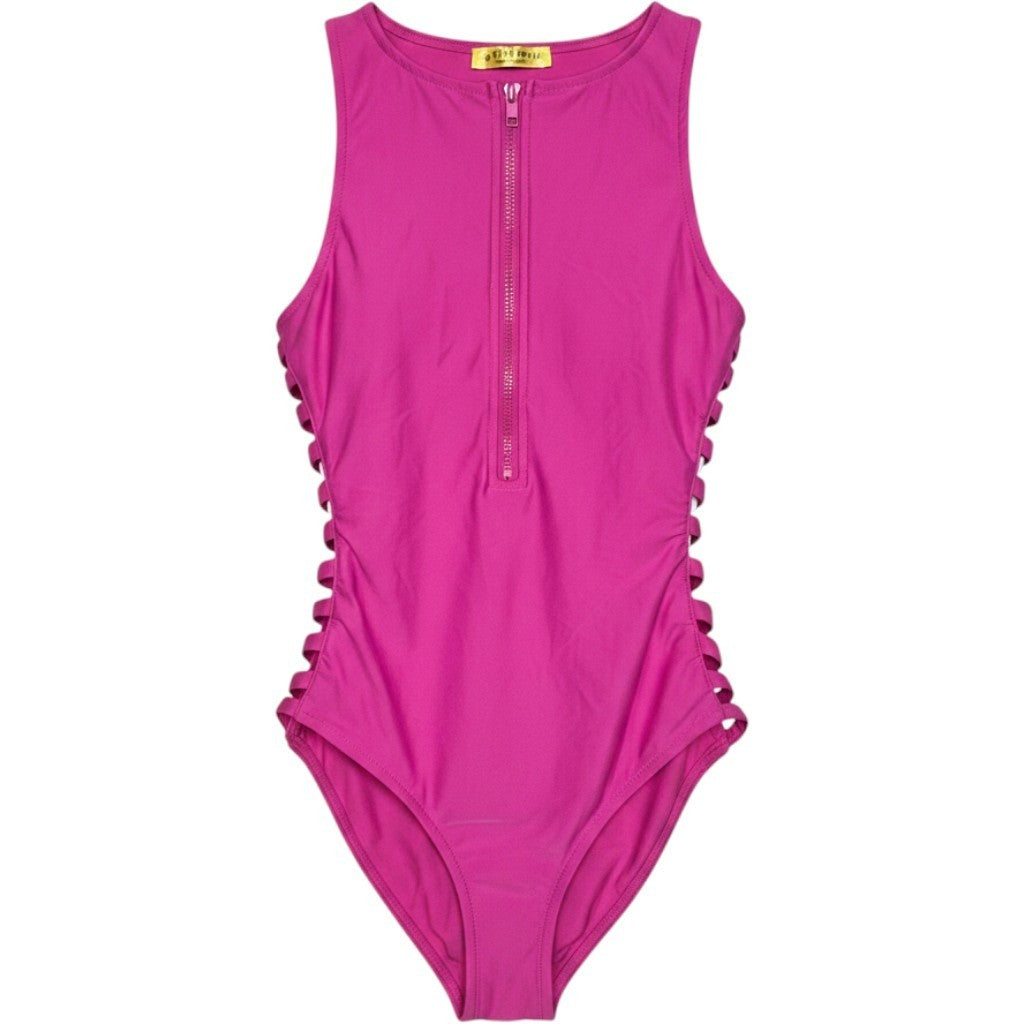 Cest Toi Magenta Pink Zip Front Side Cutout One Piece Swimsuit Athletic Bodysuit