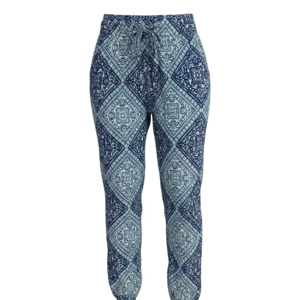 Boom Boom Jeans Womens Blue Medallion Print Joggers Drawstring Waist Pants NWT