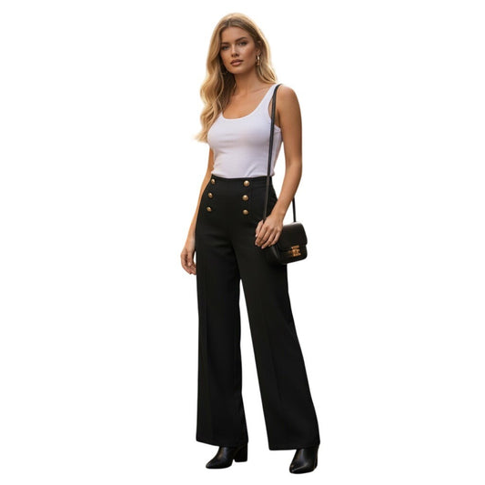 BBJ Womens High Waist Sailor Wide Leg Pants Black Gold Button Trousers Size L