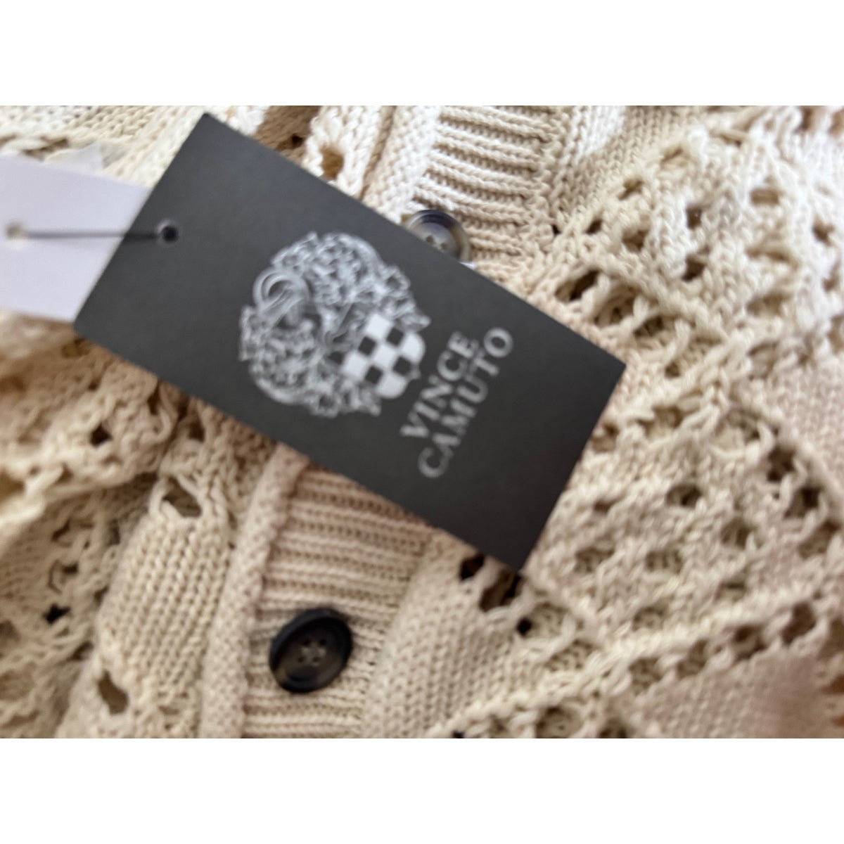 Vince Camuto Womens Pointelle Knit Cardigan Almond Cream V-Neck Sweater 91325213