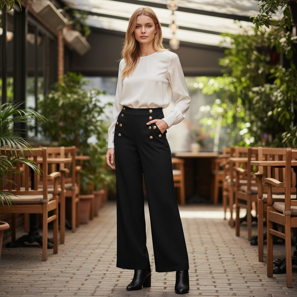 BBJ Womens High Waist Sailor Wide Leg Pants Black Gold Button Trousers Size L