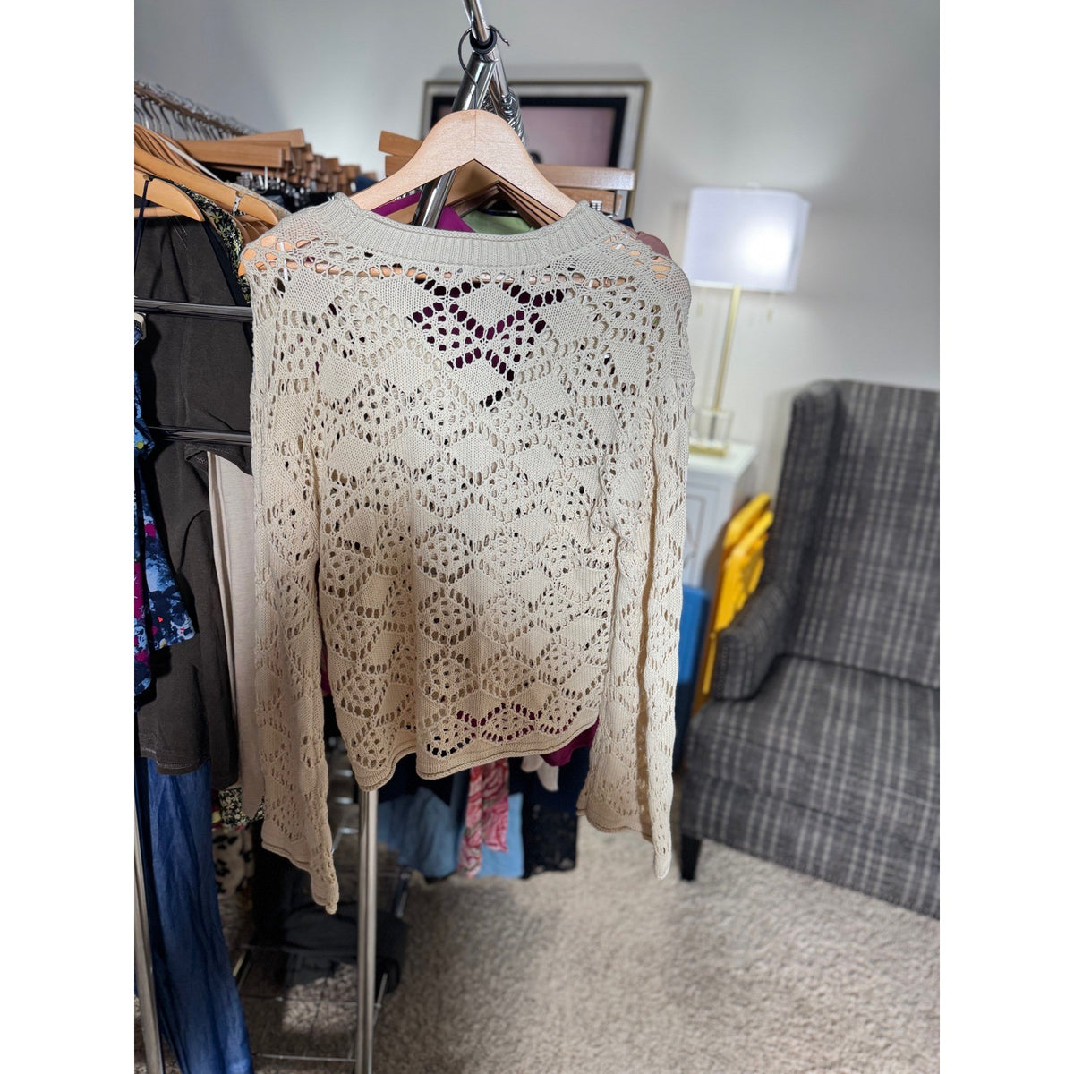 Vince Camuto Womens Pointelle Knit Cardigan Almond Cream V-Neck Sweater 91325213