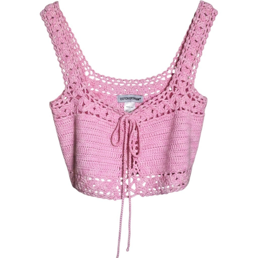 Cotton World Pink Crochet Crop Top Square Neck Front Tie Knit Festival Cami