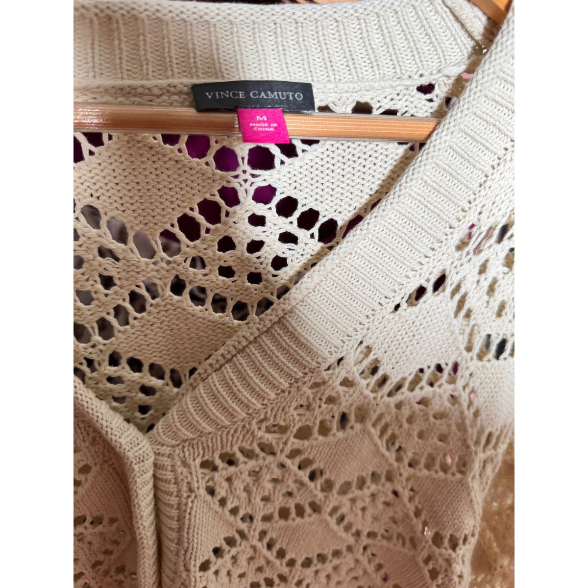 Vince Camuto Womens Pointelle Knit Cardigan Almond Cream V-Neck Sweater 91325213