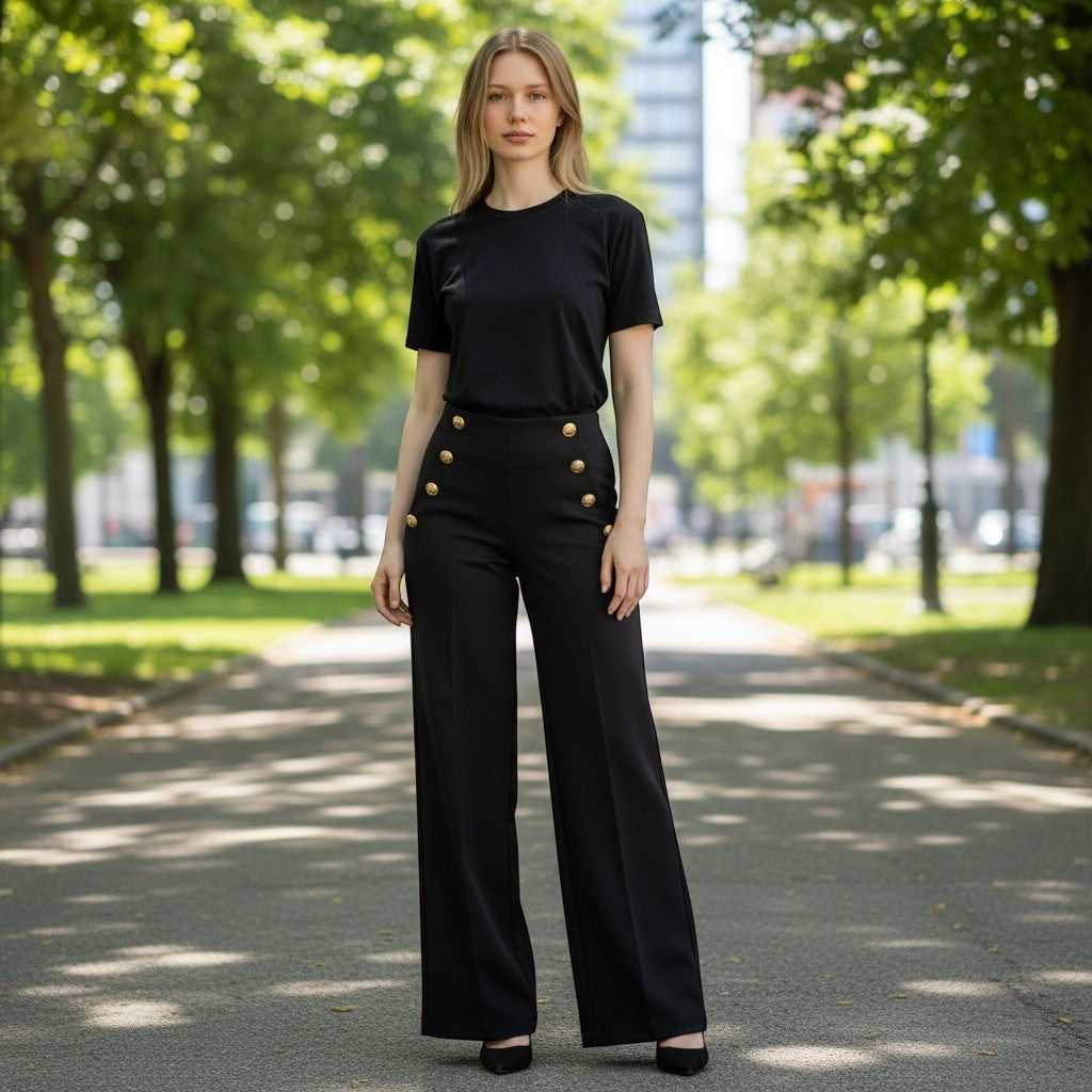 BBJ Womens High Waist Sailor Wide Leg Pants Black Gold Button Trousers Size M