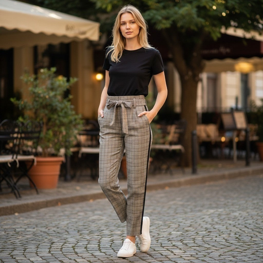BBJ Los Angeles Plaid Paperbag Tapered Pants Side Stripe Tan Black Juniors 7