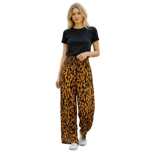Boom Boom Jeans Womens Leopard Print Wide Leg Smocked Waist Pants V14357Z XL