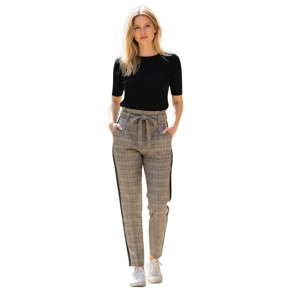 BBJ Los Angeles Plaid Paperbag Waist Tapered Pants Side Stripe Tan Black 13
