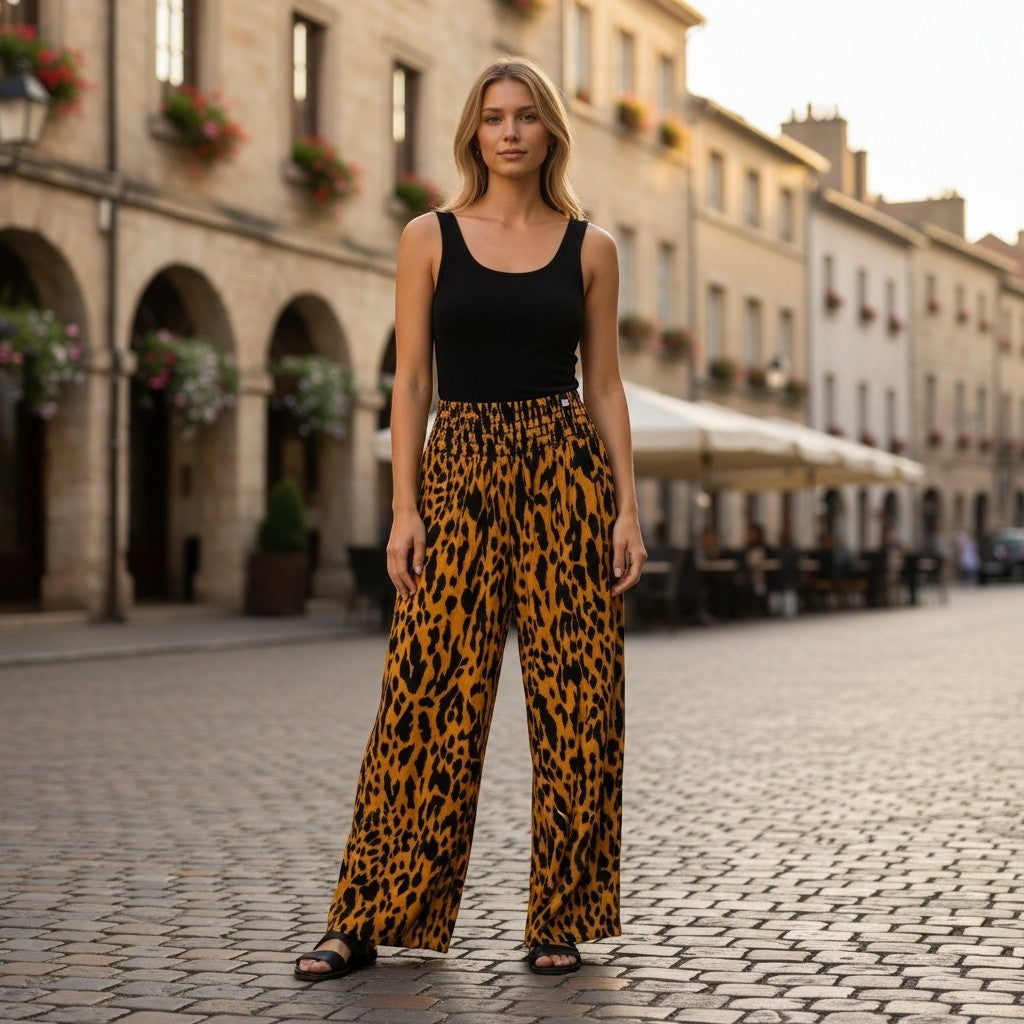 Boom Boom Jeans Womens Leopard Print Wide Leg Smocked Waist Pants V14357Z XL