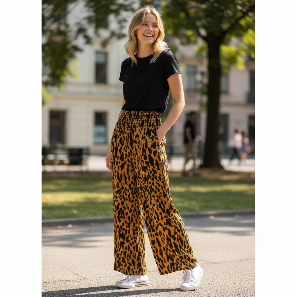 Boom Boom Jeans Womens Leopard Print Wide Leg Smocked Waist Pants V14357Z XL