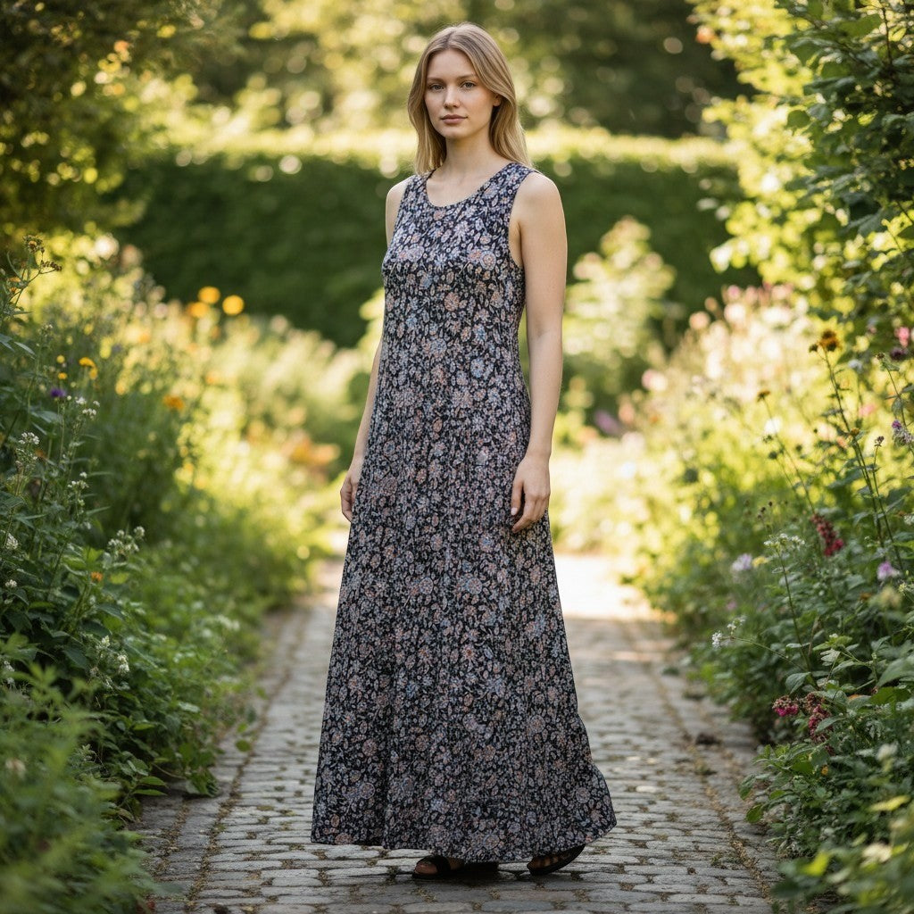 Vince Camuto Easy Breezy Floral Maxi Dress Rich Black Sleeveless 91325726 L