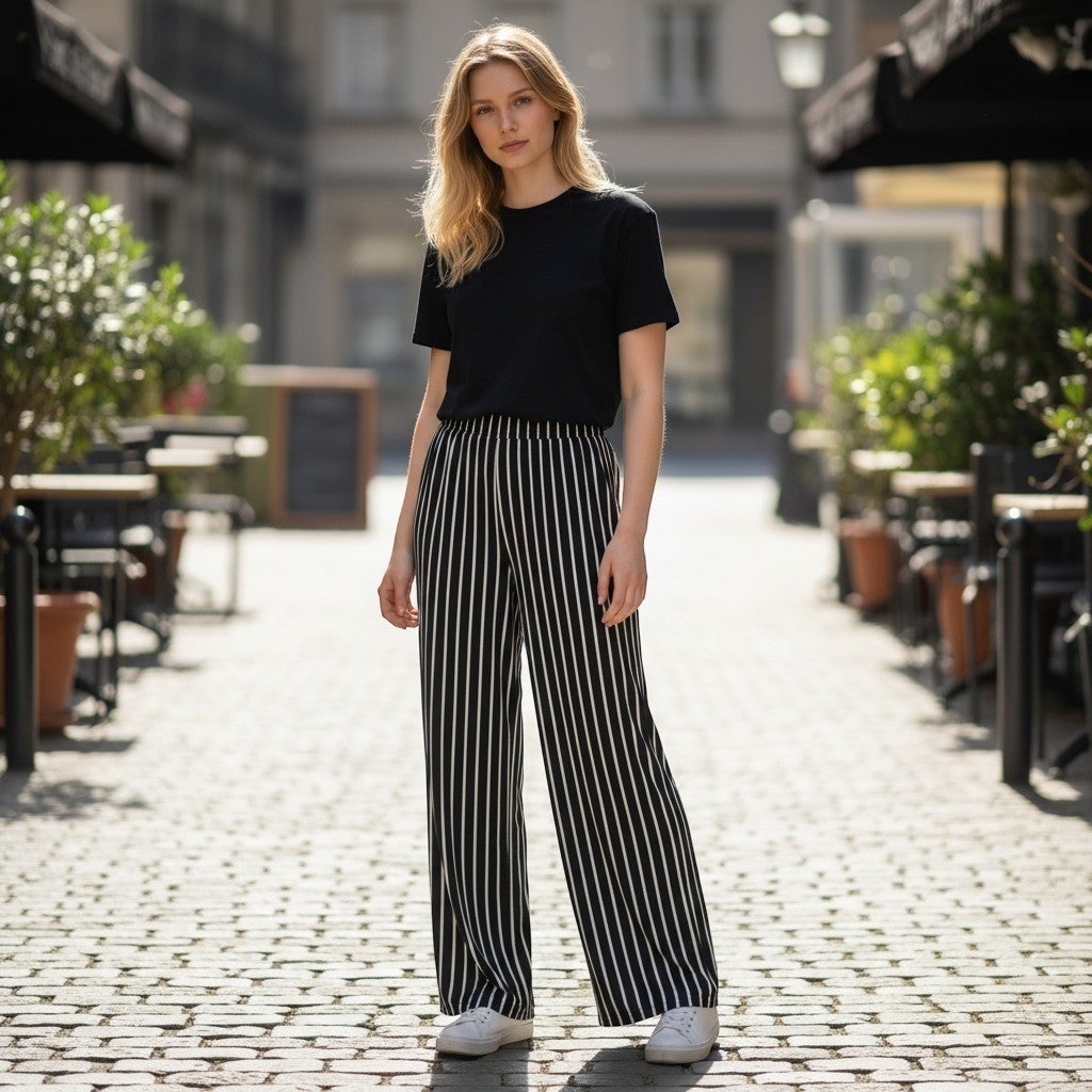 One 5 One Womens Black White Striped Wide Leg High Waist Pants MPV14357Z-SF