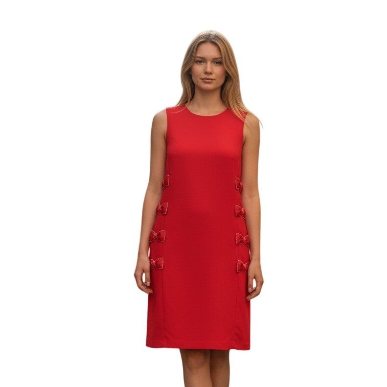 Karl Lagerfeld Paris Red Scuba Crepe Sheath Dress Rhinestone Bow Accents NWT 12