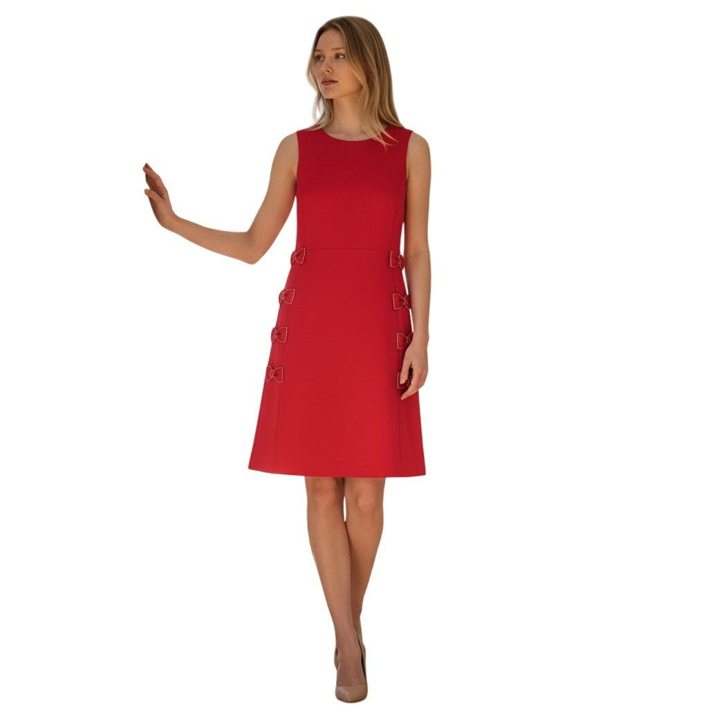 Karl Lagerfeld Paris Red Scuba Crepe Sheath Dress Rhinestone Bow Accents NWT 12