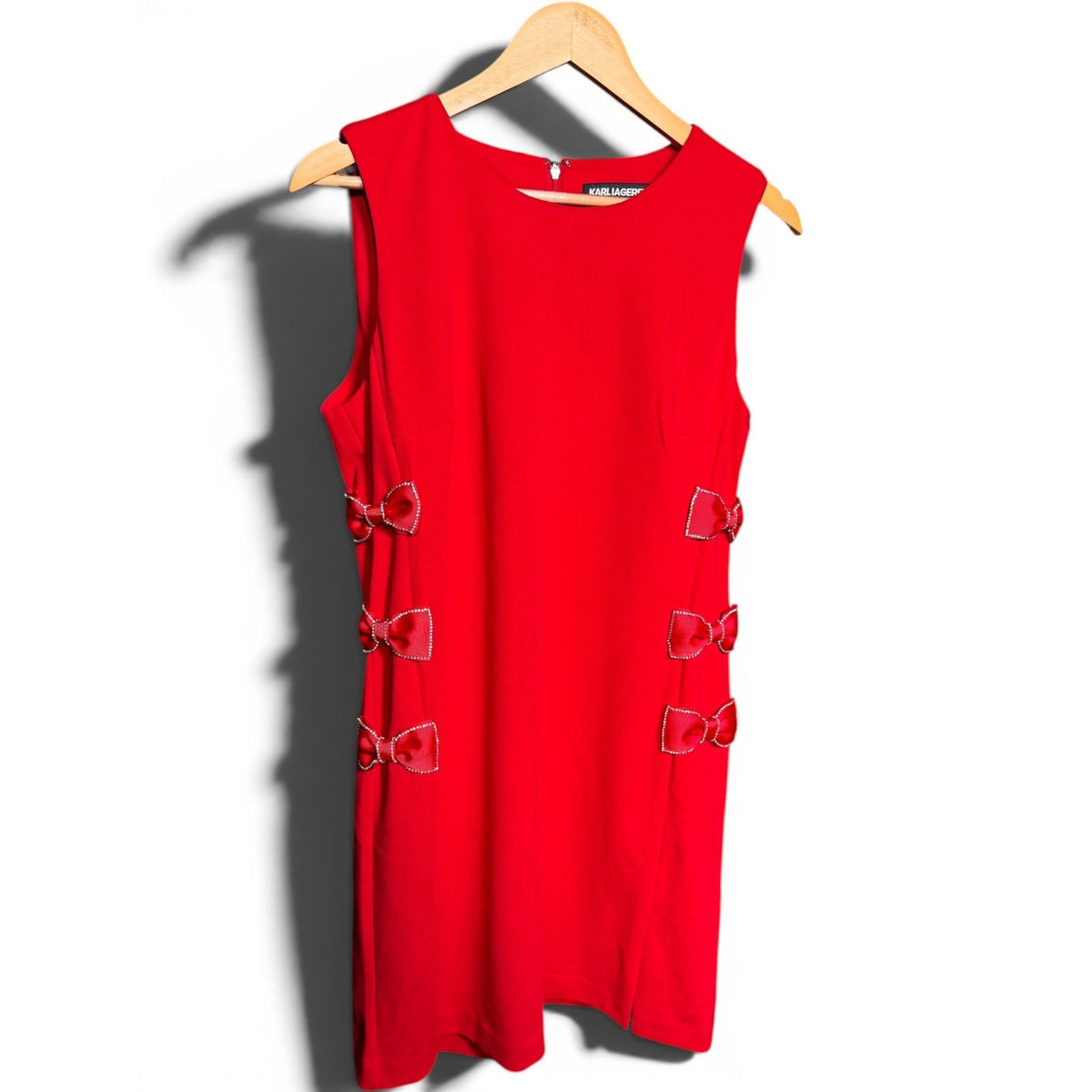 Karl Lagerfeld Paris Red Scuba Crepe Sheath Dress Rhinestone Bow Accents NWT 12