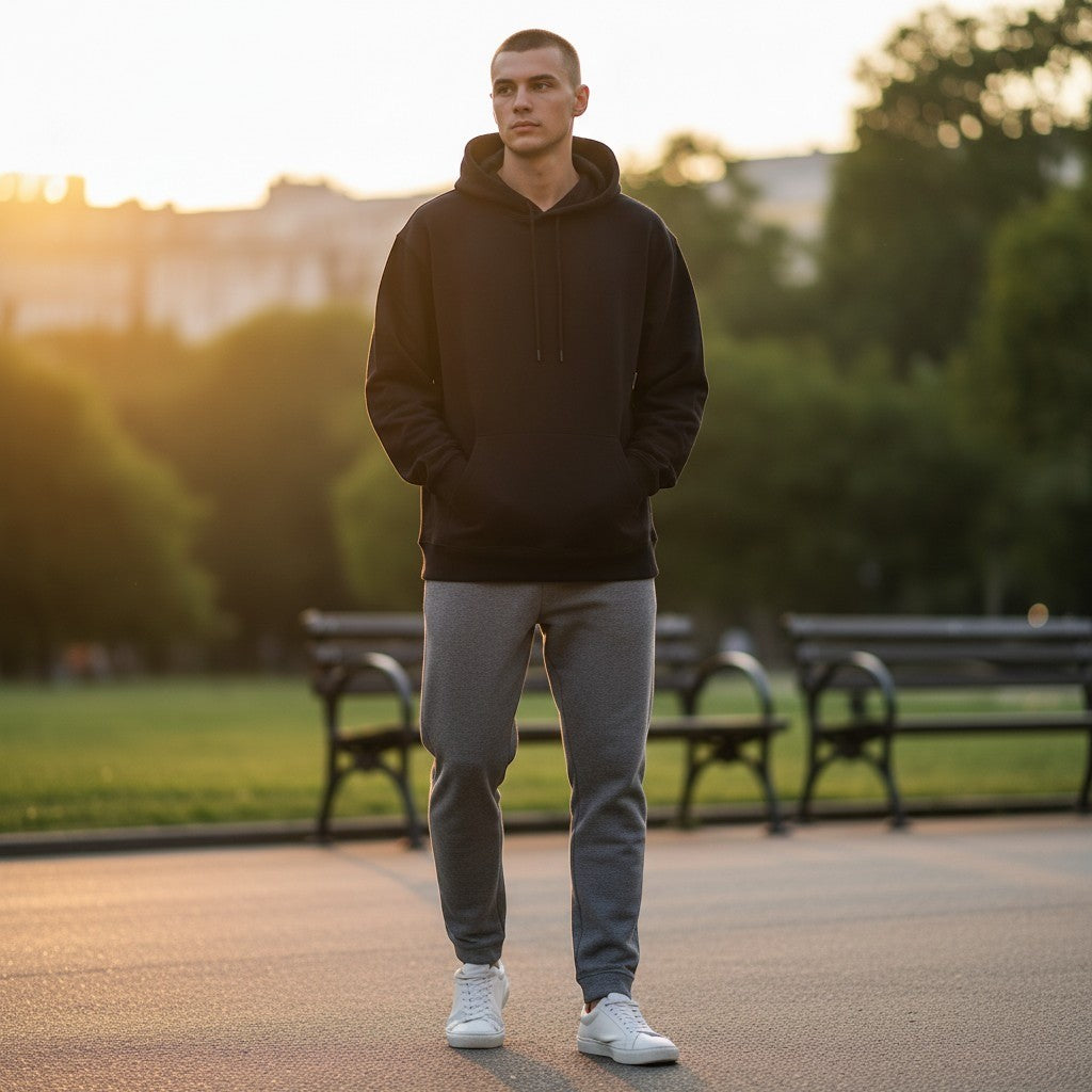 Premium 100% Cotton Black Pullover Hoodie Mens Heavyweight Sweatshirt RN 156068