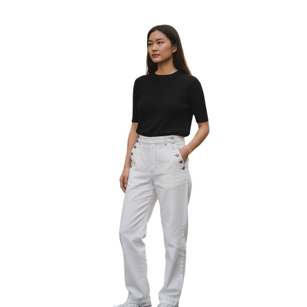Karl Lagerfeld Paris White Linen Blend Sailor Pants Contrast Stitch 16 L5CK5217