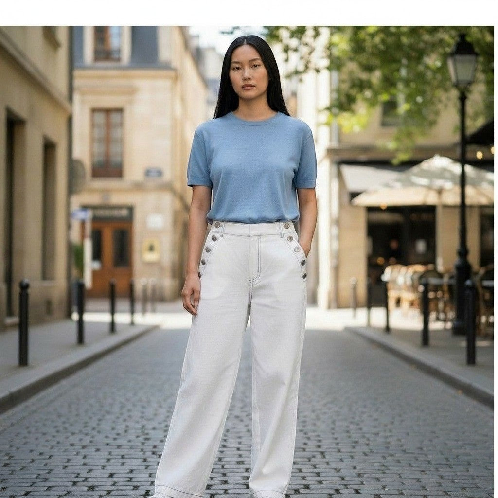 Karl Lagerfeld Paris White Linen Blend Sailor Pants Contrast Stitch 16 L5CK5217