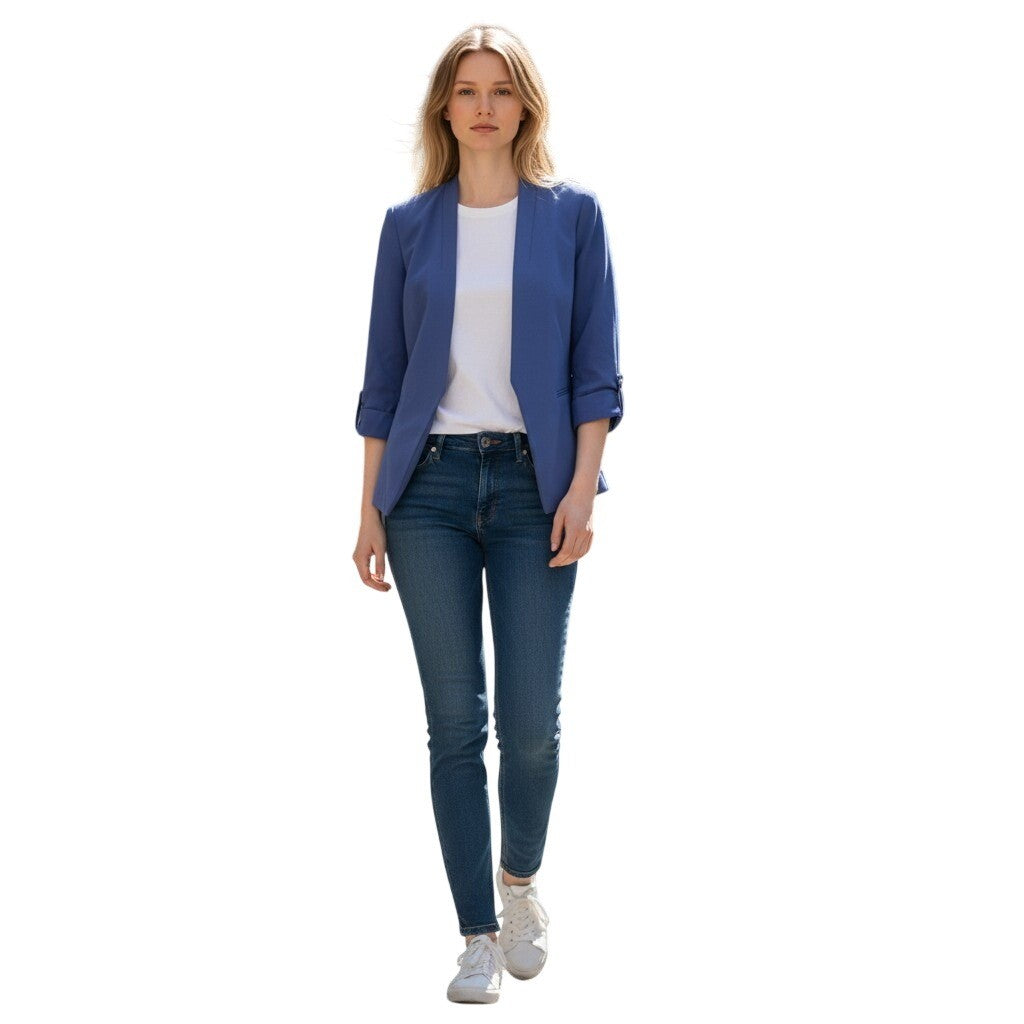 Calvin Klein Women Blue Open Front 3/4 Sleeve Petite Blazer Suit Jacket