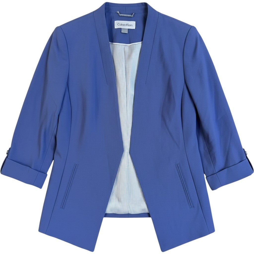 Calvin Klein Women Blue Open Front 3/4 Sleeve Petite Blazer Suit Jacket