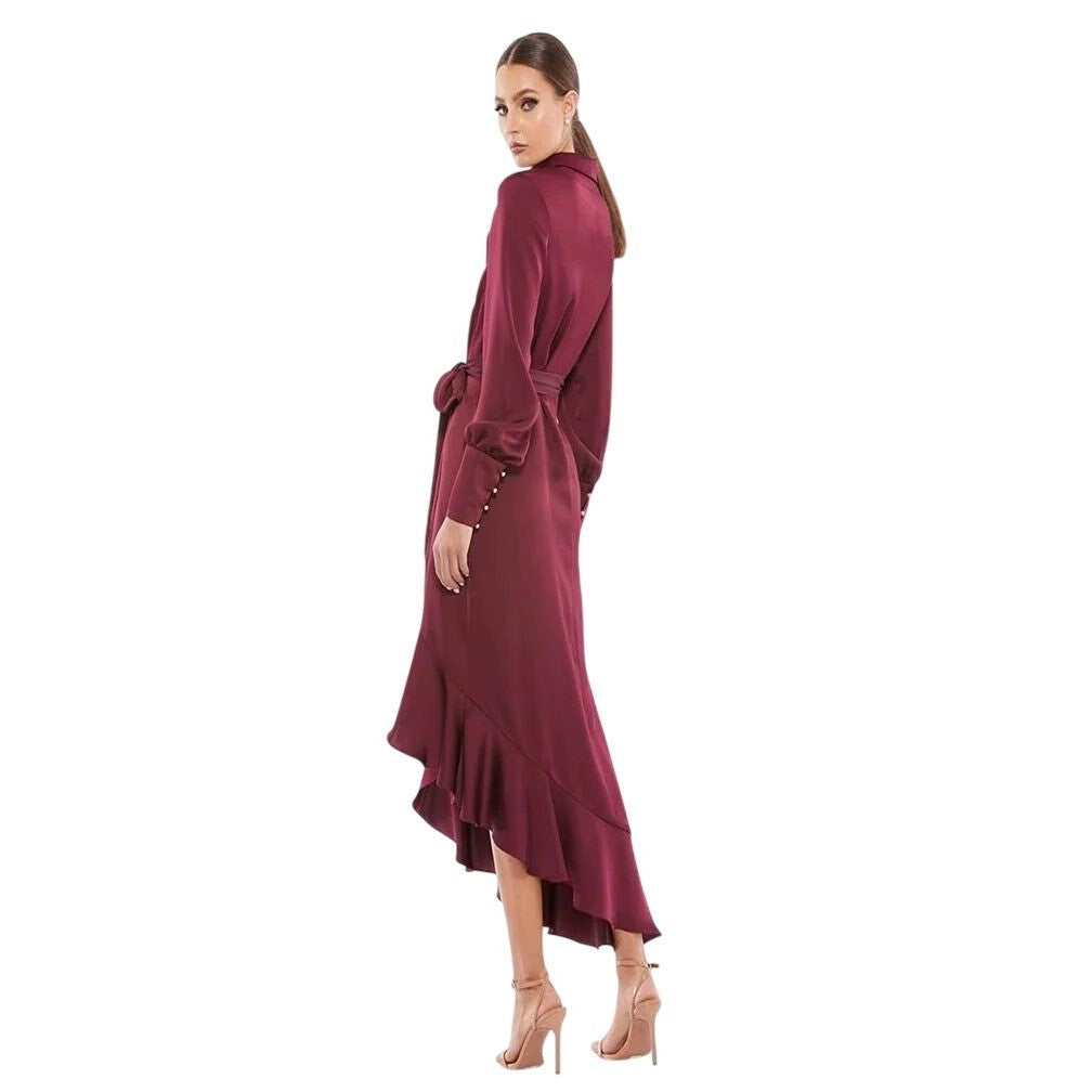 Mac Duggal 12506 Burgundy Satin Wrap High Low Ruffle Midi Dress Long Sleeve
