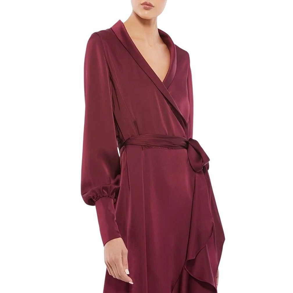 Mac Duggal 12506 Burgundy Satin Wrap High Low Ruffle Midi Dress Long Sleeve