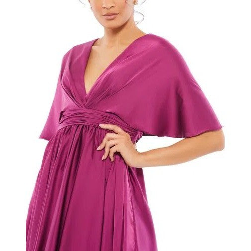 Mac Duggal 26605 Magenta Satin V-Neck Flutter Sleeve Pleated Mini Dress Purple