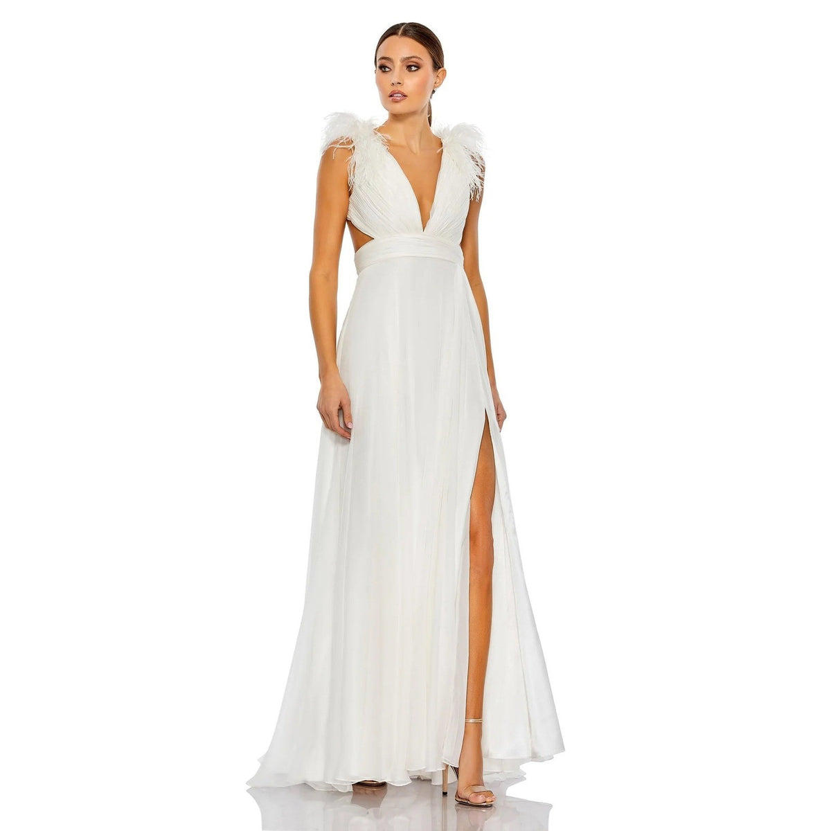Mac Duggal 68113 White Feather Shoulder Lace Up Back Chiffon Gown Dress