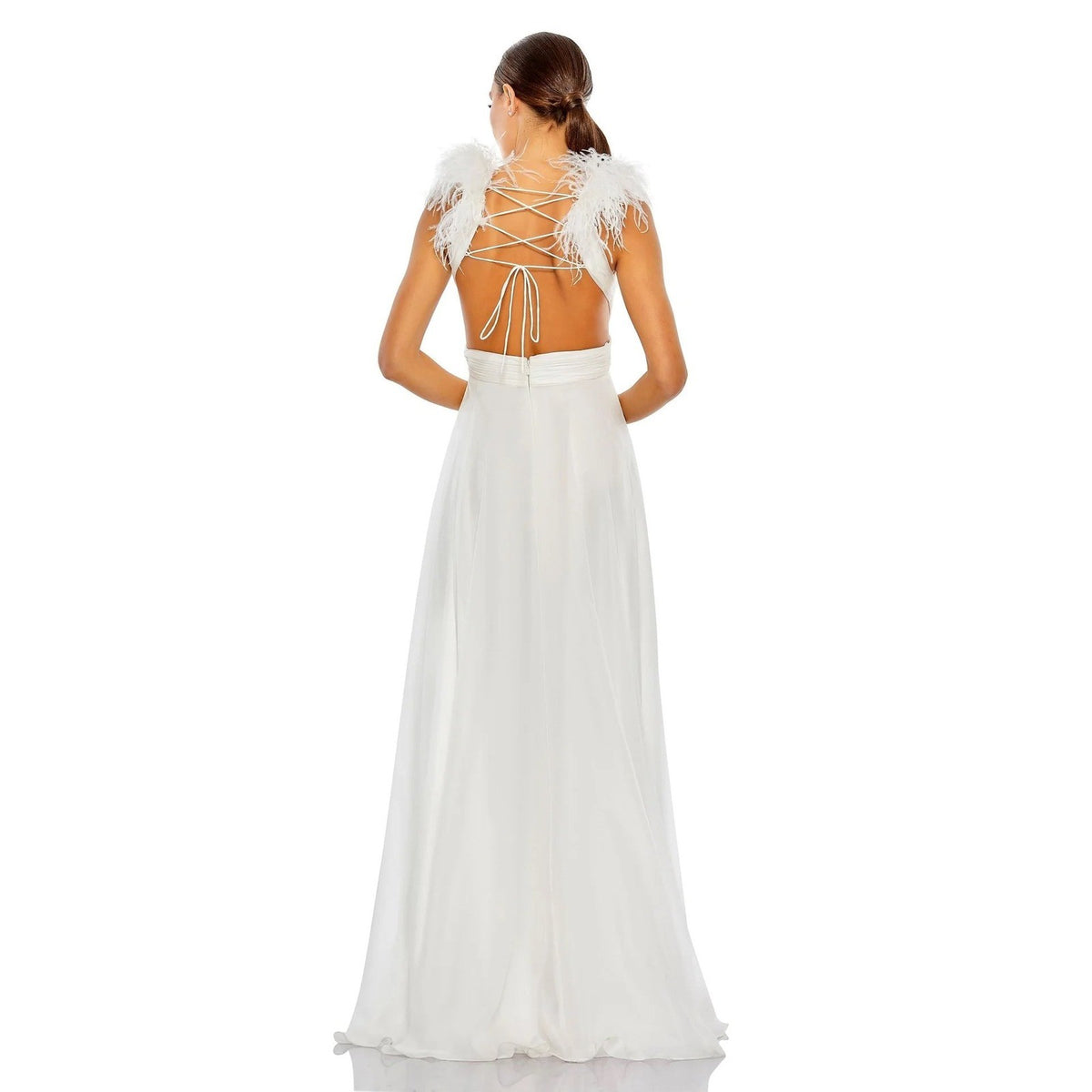 Mac Duggal 68113 White Feather Shoulder Lace Up Back Chiffon Gown Dress