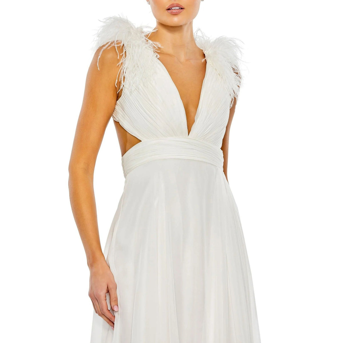 Mac Duggal 68113 White Feather Shoulder Lace Up Back Chiffon Gown Dress