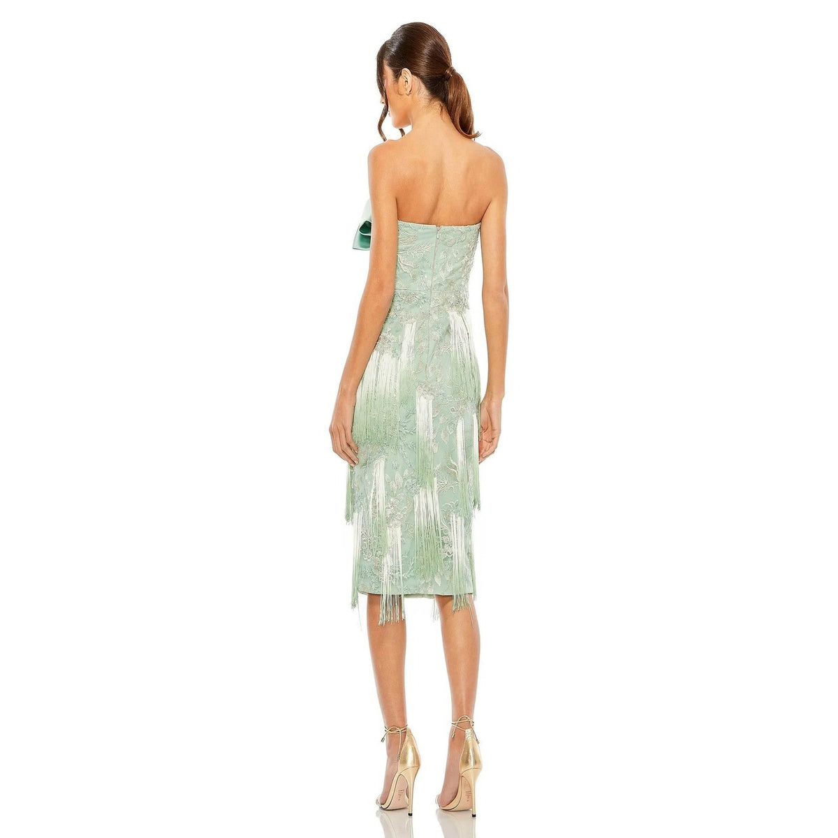 Mac Duggal 20593 Sage Green Strapless Embroidered Fringe Midi Dress Bow Bodice