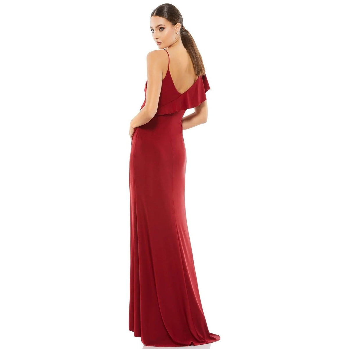 Mac Duggal 11257 Ruffle One Shoulder Evening Gown Burgundy Wine Maxi Dress