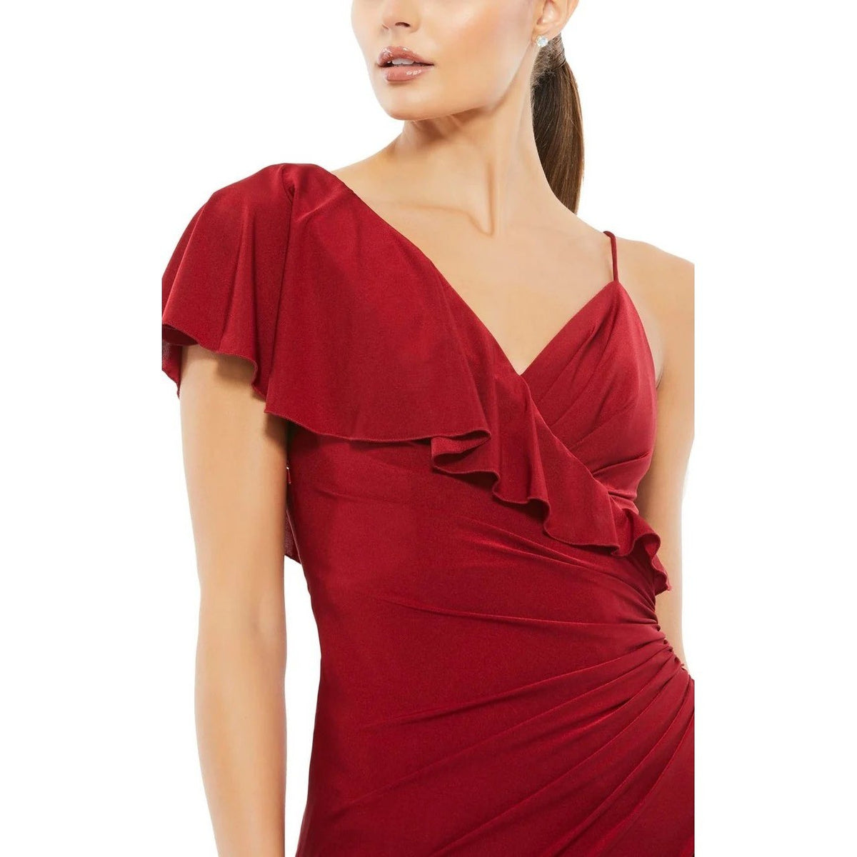 Mac Duggal 11257 Ruffle One Shoulder Evening Gown Burgundy Wine Maxi Dress
