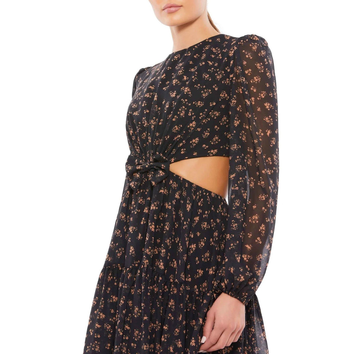 Mac Duggal Idena 55432 Floral Cutout Long Sleeve Tiered Mini Dress Black Multi