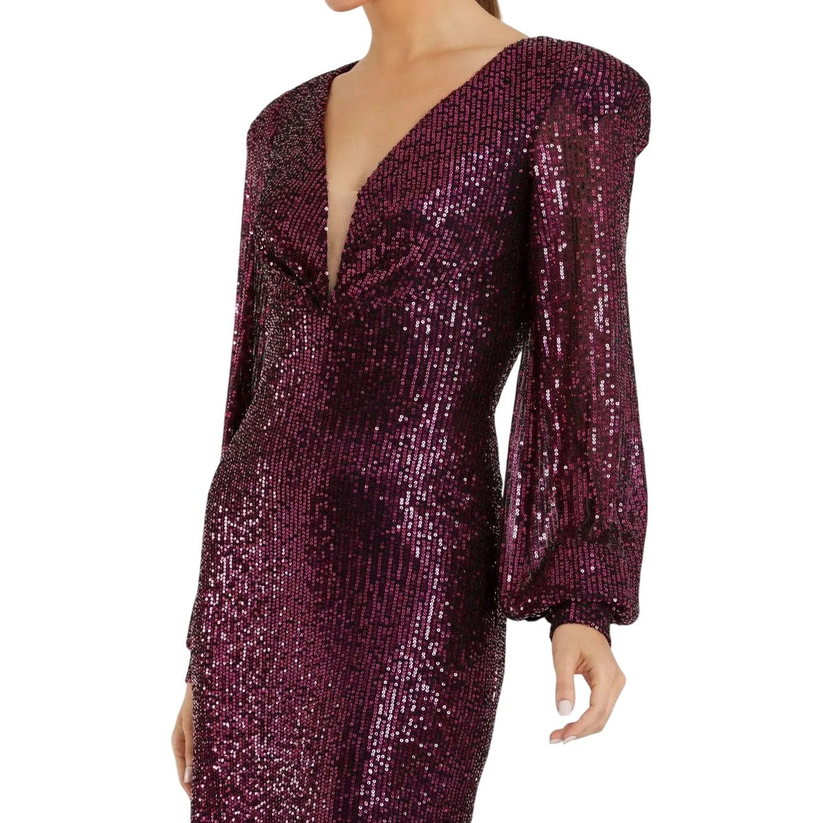 Mac Duggal 26866 Sequin V-Neck Bishop Sleeve Midi Dress Burgundy