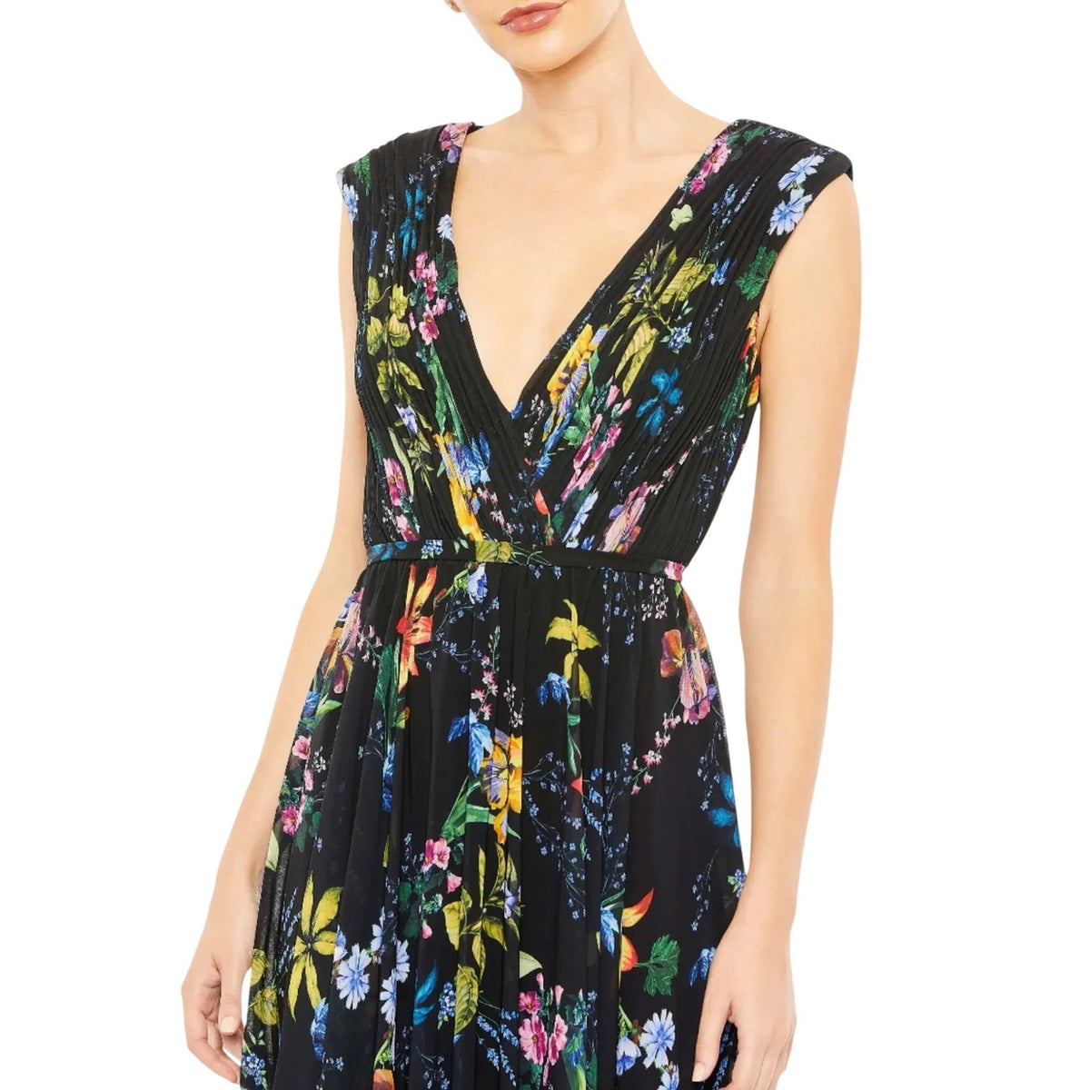 Mac Duggal 55829 Floral Chiffon V-Neck Pleated Maxi Gown Black Multi
