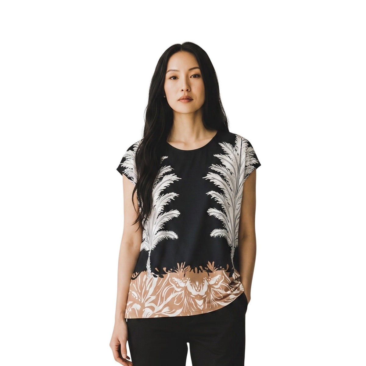 Vince Camuto MSRP $59 Black Tropical Palm Print Cap Sleeve Tie Back Blouse Top S