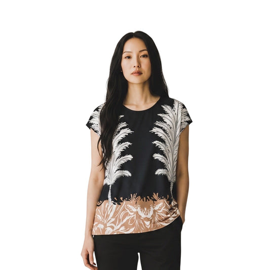 Vince Camuto MSRP $59 Black Tropical Palm Print Cap Sleeve Tie Back Blouse Top S