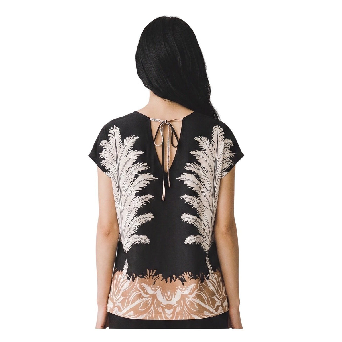 Vince Camuto MSRP $59 Black Tropical Palm Print Cap Sleeve Tie Back Blouse Top S