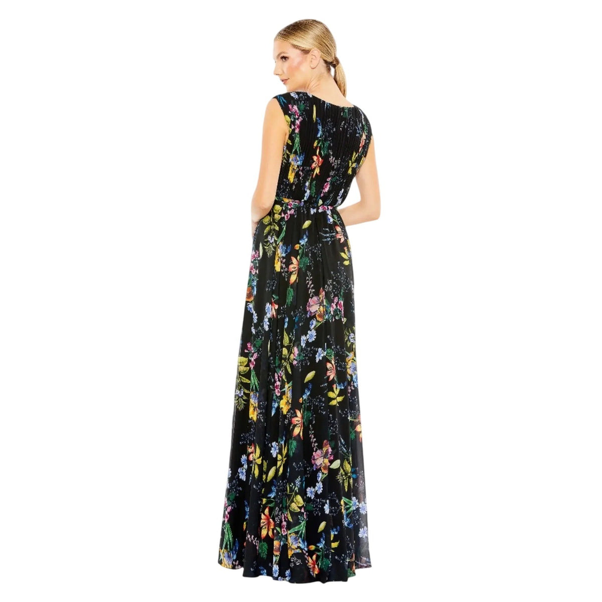 Mac Duggal 55829 Floral Chiffon V-Neck Pleated Maxi Gown Black Multi