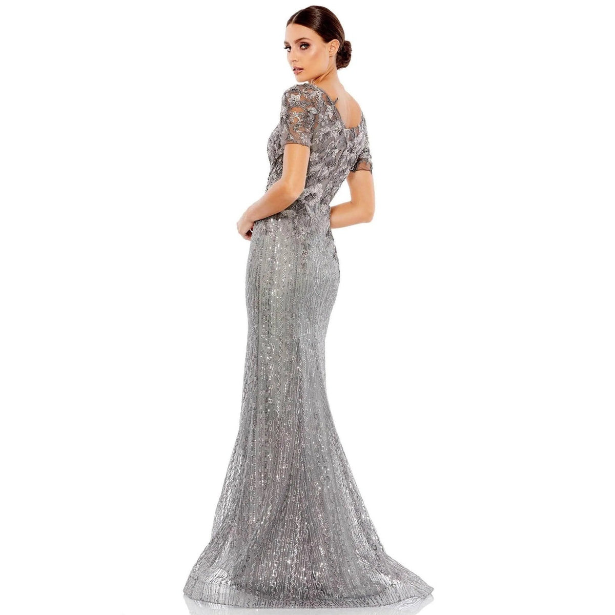 Mac Duggal 20282 Pewter Floral Embroidered Sequin V-Neck Gown Evening Dress