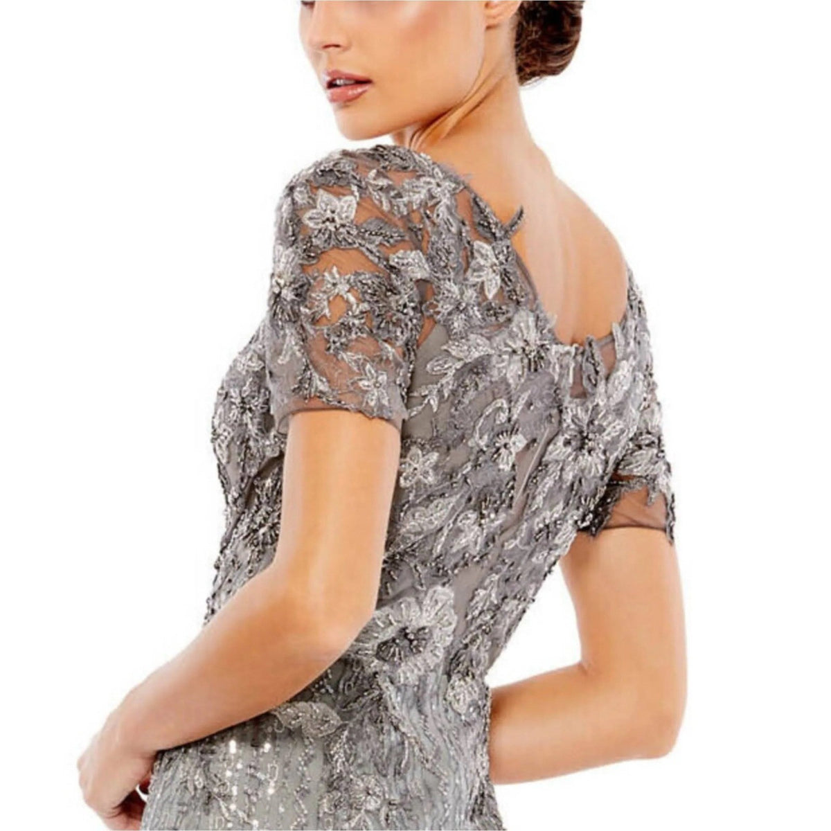 Mac Duggal 20282 Pewter Floral Embroidered Sequin V-Neck Gown Evening Dress