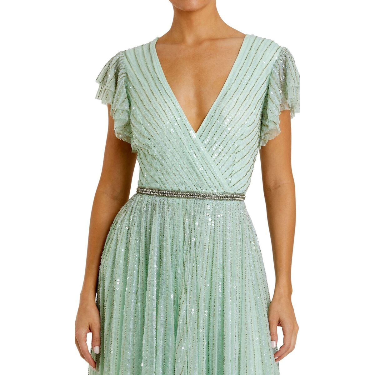 Mac Duggal 5502 Mint Green Sequin Beaded Ruffle Sleeve Maxi Gown Formal Dress