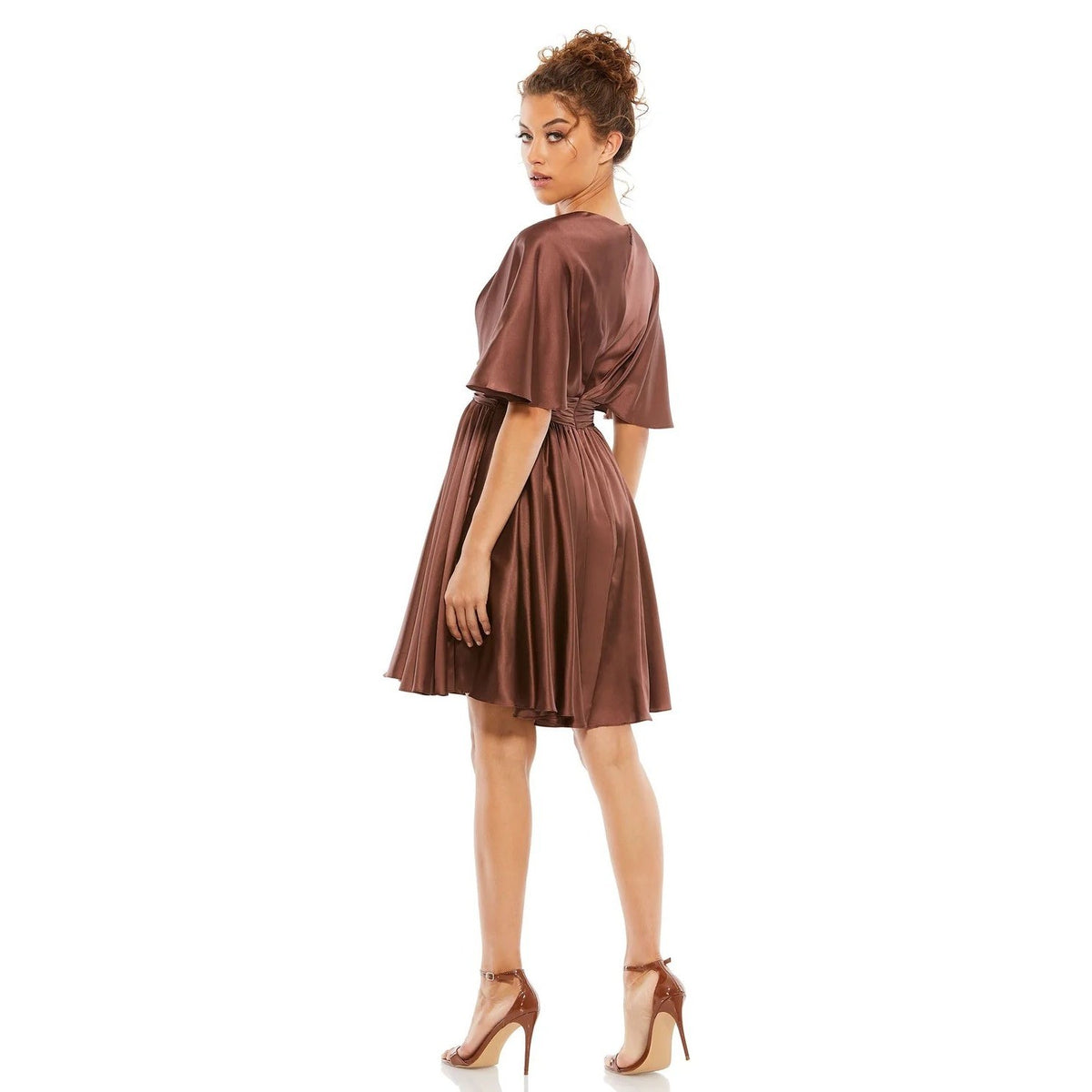 Mac Duggal 26605 Satin Flutter Sleeve V-Neck Cocktail Dress Chocolate Brown