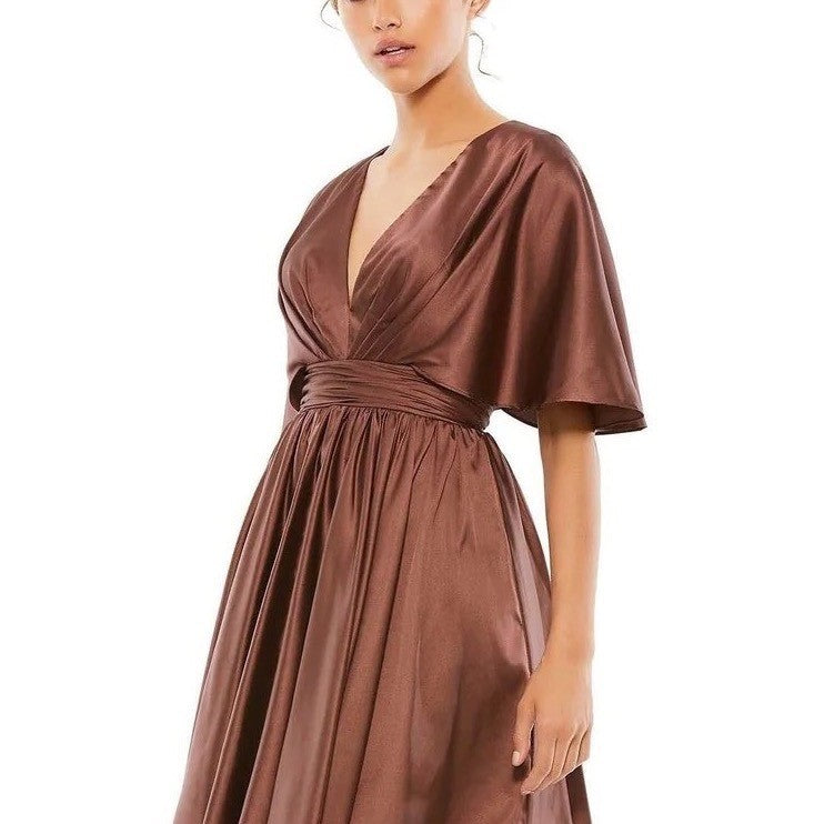 Mac Duggal 26605 Satin Flutter Sleeve V-Neck Cocktail Dress Chocolate Brown