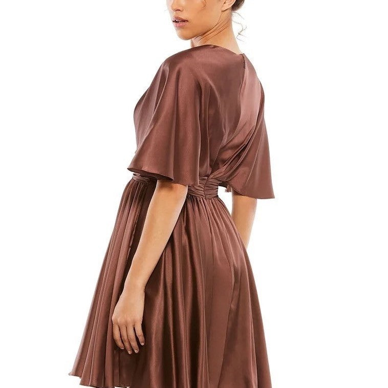 Mac Duggal 26605 Satin Flutter Sleeve V-Neck Cocktail Dress Chocolate Brown