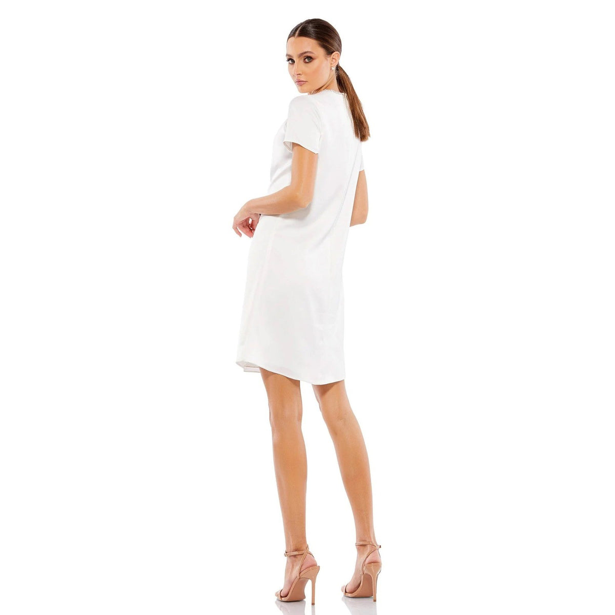 Mac Duggal Ieena White Satin Crystal Neck Mini Shift Dress 55698 Womens