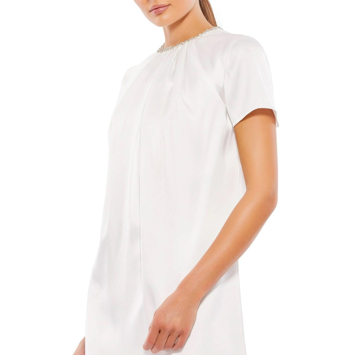 Mac Duggal Ieena White Satin Crystal Neck Mini Shift Dress 55698 Womens